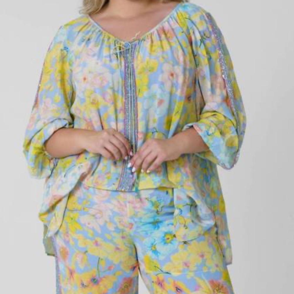 NEW LA FUORI Floral Long Sleeve Silk Blouse Orchid‎ Bloom Small NWT